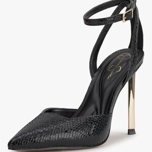Jessica Simpson Black Snake-Embossed Ankle-Strap Stiletto Pump with Gold Heel